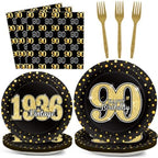 200PCS 90th Theme Birthday Party Tableware Vintage 1936 Party Supplies 90 year old Birthday Party Decorations Plates Napkins Forks Black and Gold Dinnerware Favors for Men or Women by ZOIIWA