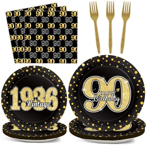 200PCS 90th Theme Birthday Party Tableware Vintage 1936 Party Supplies 90 year old Birthday Party Decorations Plates Napkins Forks Black and Gold Dinnerware Favors for Men or Women by ZOIIWA
