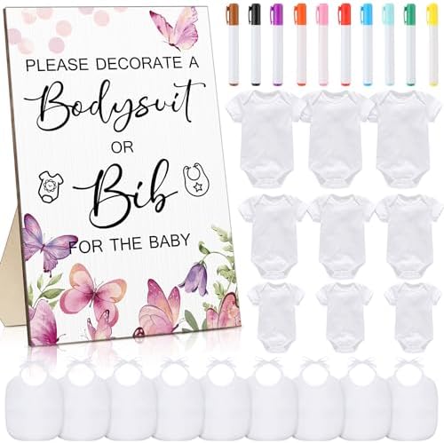Roowest 35 Pcs Baby Shower Bibs Game with Bib Bodysuit Marker, Butterfly by Roowest