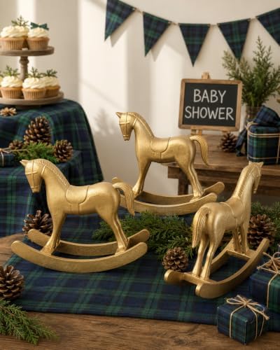 3 Pack Gold Wooden Rocking Horse Decor, 9.4 Inch Baby Shower Centerpieces by Unknown