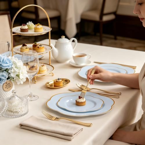 Liacere 50PCS Light Blue Plastic Plates - Heavy Duty Blue Disposable Plates - Blue and Gold Plastic Plates Include 25PCS Blue Dinner Plates, 25PCS Blue Dessert Plates for Party/Baby Shower/Wedding - Image 6