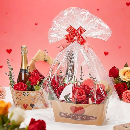 Kolldenn 24 Set Valentine's Day Empty Gift Basket to Fill Kraft Red Heart Bouquet Box with Handles Pull Bows Cellophane Bags and Card for Valentine Party Favor Supplies, 9.8 x 6.5 Inch - Image 4