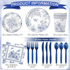 Ziliny 350 Pcs Blue White Floral Party Supplies Serves 50 Disposable Paper Blue Flower Paper Plates Napkins Cups Plastic Cutlery Vintage Floral Tableware Set for Wedding Birthday Bridal Tea Party - Image 2