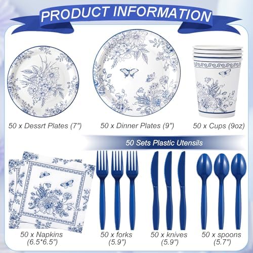 Ziliny 350 Pcs Blue White Floral Party Supplies Serves 50 Disposable Paper Blue Flower Paper Plates Napkins Cups Plastic Cutlery Vintage Floral Tableware Set for Wedding Birthday Bridal Tea Party - Image 2