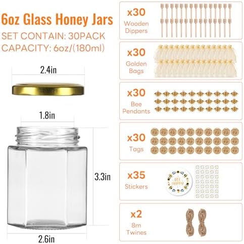 6 oz Hexagon Glass Honey Jars 30 Pack, Gold Lids with Dipper & Jute - Image 2