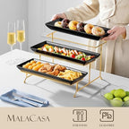 MALACASA 3 Tier Serving Trays for Party, 14 Inch Porcelain Black Trays for Serving Food, Dessert Stand with Collapsible Gold Metal Rack - Image 3