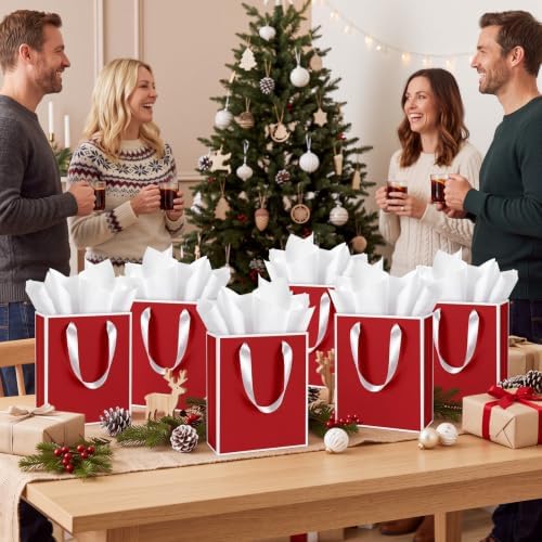 Yeaqee 50 Pack Metallic Paper Gift Bag Bulk with Handle, Red, White - Image 7