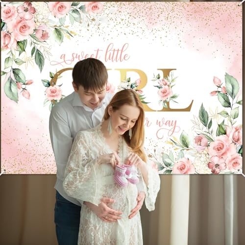 Avezano Girl Baby Shower Backdrop Pink Floral Sweet Baby Baby Shower Banner A Sweet Little Girl is on Her Way Party Decorations Banner (8x6ft) - Image 6