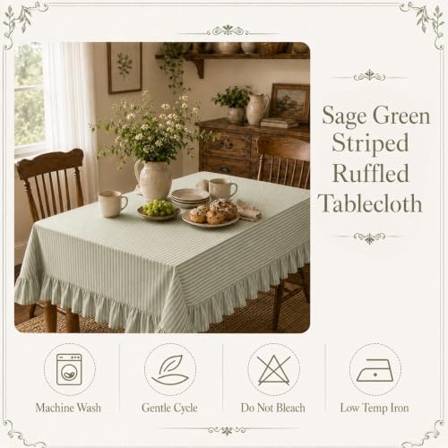 Striped Ruffled Tablecloth 60x120in Cotton Polyester Striped Tablecloth Rectangular Fits 8-10 Seater Table Farmhouse Vintage Table Cover for Home Kitchen Baby Shower Birthday Party Picnic (Sage Green) - Image 4