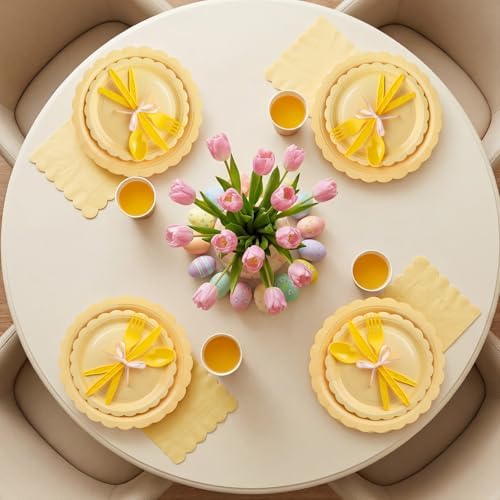 Ziliny 350 Pcs Light Yellow Plates and Napkins, 50 Guest Spring Easter Party Supplies Include Scalloped Paper Plates Napkins Cups Plastic Spoons Forks Knives Disposable Tableware Set for Baby Shower - Image 6