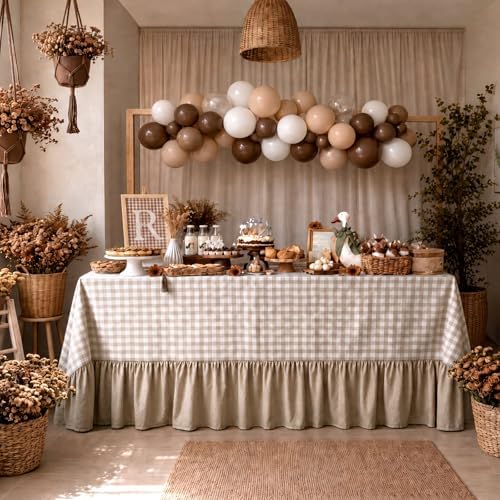 Moukeren 120"x60" Ruffled Tablecloth Table Cover, Khaki White, Gingham by Moukeren