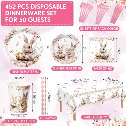 452 Pcs Bunny Birthday Party Decorations for 50 Guests, Pink Floral Bunny Paper Plates and Napkins Cups Cutlery Rabbit Disposable Tableware Set for Spring Baby Shower Birthday Supplies - Image 2