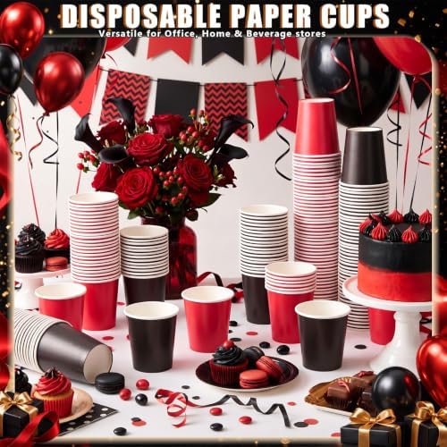 Mimorou 300 Pcs 8 oz Disposable Paper Cups Holiday Party, Black, Red - Image 2