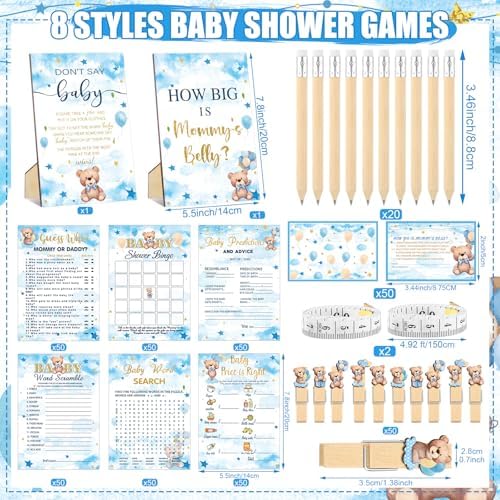 Funnymoom 426 Piece Blue Bear Baby Shower Games Set 8 Games for 50 Guests - Image 3