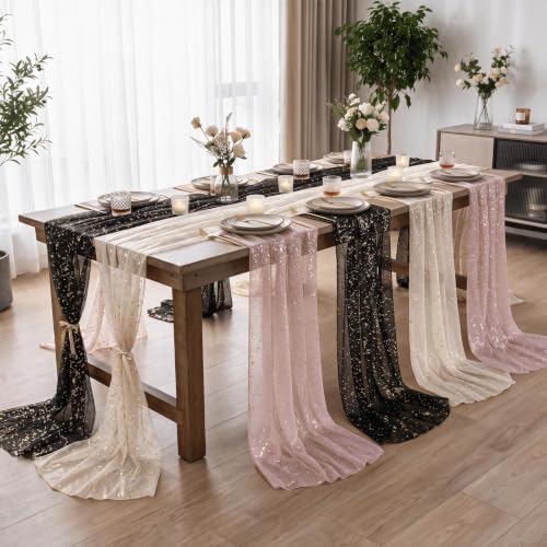 Artoid Mode 6PC Beige Black Pink Gauze Table Runner 120 Inch 10FT, Glitter Metallic Foil Sheer for Wedding Anniversary Holiday Birthday Home Party Decor - Image 3