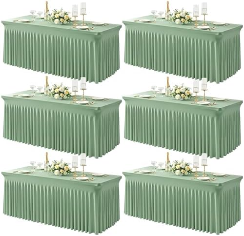 6 Packs Sage Green Spandex Tableclothes for 8 Foot Rectangle Tables, Wrinkle Free 8ft Fitted Table Cover Stretch Table Cloth Desk Skirt for Weddings Baby Shower Birthday Party Banquet Decorations by PartyTalk