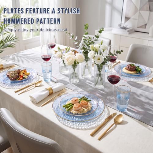 Rubtlamp 60Pcs Clear Blue Plastic Plates, Hammered Blue Plates, Clear Fancy Disposable Plates With Gold Rim Include 30 Dessert Plates, 30 Dinner Plates for Party - Image 4