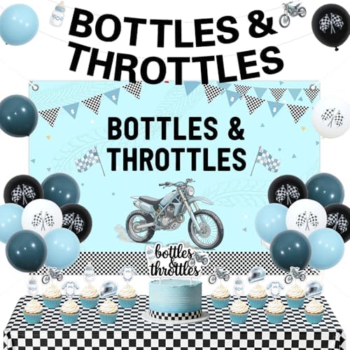 Jollyboom Bottles and Throttles Baby Shower Decorations, Racing Theme Backdrop 3 x 5 ft Banner Cake Toppers Balloons Tablecloth Kit for Boy Welcome Baby Party Pregnancy Gift Dessert Table Setup by Jollyboom