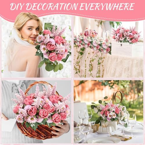 Zeyune 8 Pcs 13.4 Inch Artificial Flowers Bouquet,Rose,Bean Paste Pink - Image 3