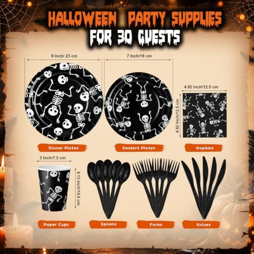 Honeydak 210 Pcs Halloween Skeleton Party Supplies for 30 Guests Dancing Skull Birthday Plates Napkins Cup and Forks Tableware for Halloween Ceremonies Birthday Holiday Party Decorations - Image 3