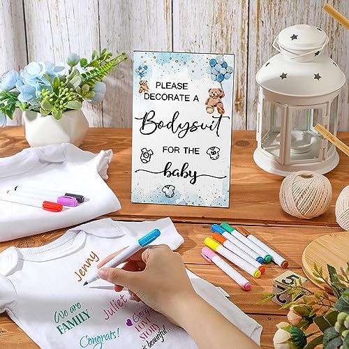 Handepo 26 Pcs Baby Shower Games DIY Bodysuit Set 1 Wooden Sign 15 White Bodysuits 10 Fabric Markers for Birth Decorating Kit(Bear) - Image 5