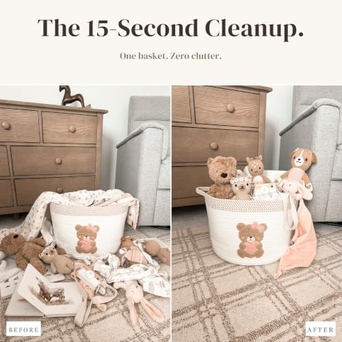 Pink Teddy Bear Baby Storage Basket, Cotton Rope Nursery Bin, 15x11 in - Image 5