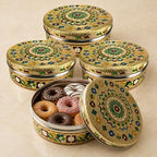 LOVENSPIRE Meenakari Stainless Steel Storage Box with Lid (1 Kg) Decorative Round Indian Food Container for Sweets, Kitchen Items & Return Gift Favors Pack of 4 by LOVENSPIRE