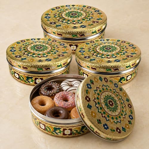 LOVENSPIRE Meenakari Stainless Steel Storage Box with Lid (1 Kg) Decorative Round Indian Food Container for Sweets, Kitchen Items & Return Gift Favors Pack of 4 by LOVENSPIRE