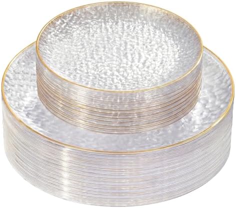 Rubtlamp 60Pcs Clear Plastic Plates,Clear Disposable Plates With Gold Rim,Heavy-duty Gold Plates,Hammered Party Plates Include 30Clear Dessert-Platos,30Dinner-Platos for Wedding, Party by Rubtlamp