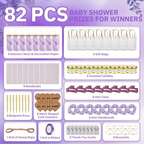 90Pcs Baby Shower Prizes for Game Winners Gifts Wedding Bridal Shower Gifts Including Glass Cans Notebooks Soy Candles Hair Clips for Baby Shower Wedding Bridal Shower Game Prizes (Purple, 8 Sets) - Image 3