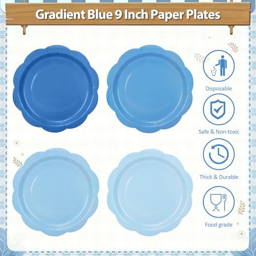 192Pcs Blue Paper Plates and Napkins, 9 Inch Light blue Party Plates Disposable Gradient Blue Party Supplies Decorations for Birthday, Baby Shower, Wedding, Servers 48 Guests - Image 3