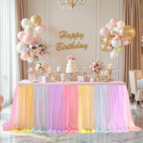 Pastel Rainbow Table Cloths for Parties Tulle Table Skirts Rectangle Tables 8ft Fitted Spandex Table Covers Stretch Elastic Banquet Wedding Baby Shower Birthday Party Table Cloths 8 Foot Rectangle by HBBMAGIC