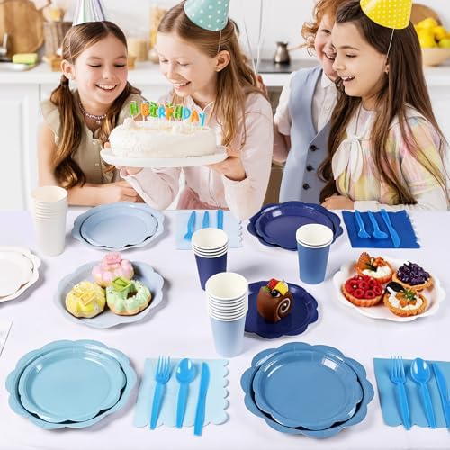 350 Pcs Blue Party Supplies Set - Blue Paper Plates and Napkins Set Include Gradient Blue Scalloped Paper Plate Napkin Cup Spoon Fork Knife for Birthday, Baby Shower, Wedding Forest Events - Image 7