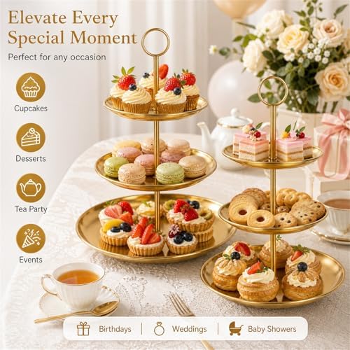 ABuff 3 Tiered Gold Cupcake Stand 2 Pack Stainless Steel Gold Tiered Dessert Stand Cupcake Display Tower 3 Tier Serving Tray Cake Stand for Baby Shower Birthday Party Wedding - Image 5