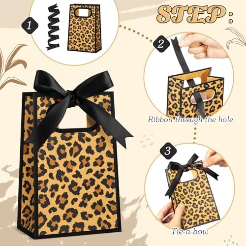 AmazingSpark 50 Pcs Leopard Print Mini Gift Bags Bulk 6.3 x 3.9 x 2.8 Inch Cheetah Small Gift Bags with Handles and Ribbon Bows for Wedding Birthday Bridal Baby Shower Party Favors(Brown Black) - Image 3