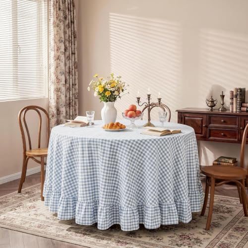 Eternal Beauty Gingham Ruffled Tablecloth Dusty Blue White 90 Round Wedding - Image 3