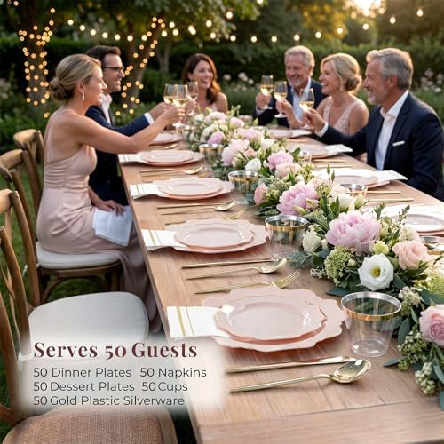 WDF 350Pcs Pink Plastic Plates - Pink and Gold Disposable Plates 50Guest Plastic Dinnerware for Baby Shower/Birthday/Wedding/Mother's Day - Image 2