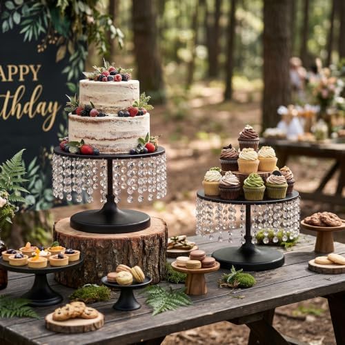 Metal Cake Stand Set with Crystal Pendants - Elegant Dessert Table Display for Weddings, Birthday Parties, Baby Showers, Events - Sturdy Crystal Bling Cupcake Stands for Pastries, Sweets, Decorations (Black, 2 PCS-L) - Image 6
