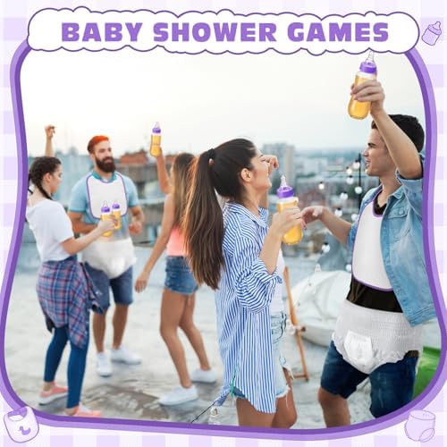 6 Sets Bottle Chug Baby Shower Games Juegos Para Plastic Baby Bottles Bibs Disposable Diapers Gender Reveal Games Baby Changing Diaper Race Game Decoration (Purple) - Image 7