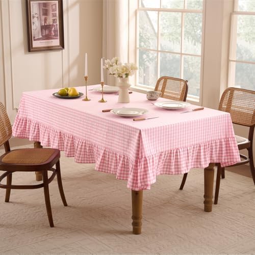 Romanstile Gingham Ruffled Tablecloth Rectangle, 60 x 120 Inch, Pink - Image 5