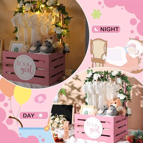 Barydat Wooden Baby Shower Basket Gender Reveal Crate Closet, Pink, Girl - Image 5