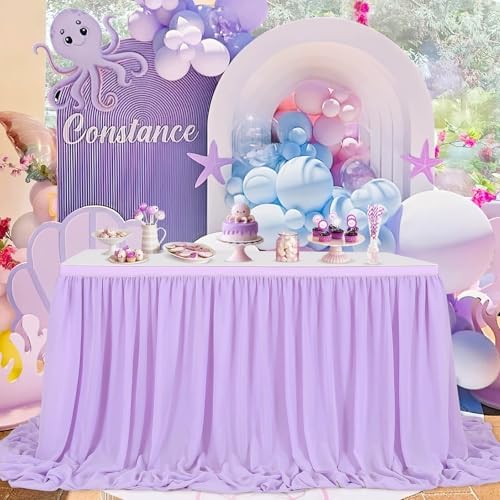 Lavender Chiffon Table Skirt 6ft for Rectangle Tables 2 Layer Purple Mermaid Table Skirting for Wedding Birthday Butterfly Party Baby Shower Decor - Image 2