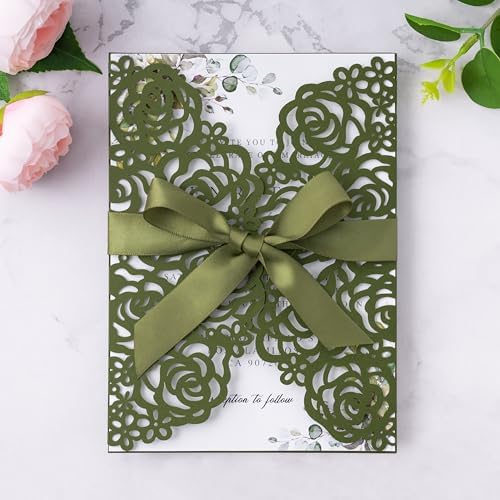 ponatia 25PCS Olive Green Laser Cut Invitations Cards with Envelopes - Image 2