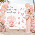 2PCS A Little Pearl is on the Way Baby Shower Arch Backdrop Cover 6ft 7.2ft Stretchy Seashell Theme A Little Pearl is on the Way Backdrop for Under the Sea Baby Shower Decorations Party Supplies - Image 5