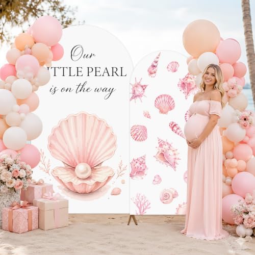 2PCS A Little Pearl is on the Way Baby Shower Arch Backdrop Cover 6ft 7.2ft Stretchy Seashell Theme A Little Pearl is on the Way Backdrop for Under the Sea Baby Shower Decorations Party Supplies - Image 5
