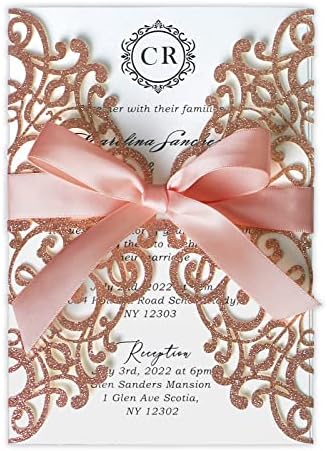ponatia 25PCS 5.12 x 7.1 '' Rose Gold Glitter Laser Cut Wedding Invitations Cards with Envelopes for 5x7 Invitation Cards Wedding Baby Bridal Shower Engagement Sweet 16 Birthday Invite by ponatia