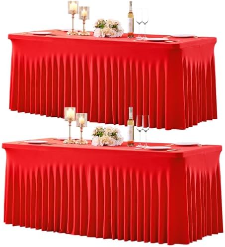 gogoparti 2 Pack Spandex Red Fitted Table Cloth for 8ft Rectangle Tables Red Stretch Tablecloth Table Covers Skirt Banquet Wrinkle Free Tablecloths for Parties Wedding by Gogoparti