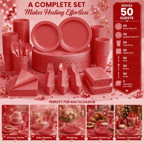 Tinybee 352 Pcs Red Plastic Plates, Disposable Dinnerware Set for 50 - Image 2