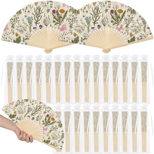 25 Pcs Wildflower Folding Hand Fan Bulk with Organza Bags by Memorywuu