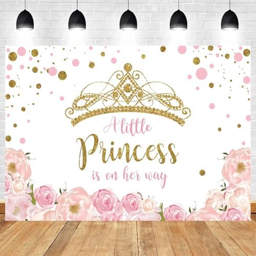 10x5ft Baby Shower Backdrop A Little Princess is on Her Way Photography Background Gold Crown Pink Floral Giltter Dots Girl Princess Party Banner Decorations Newborn Photo Booth Prop - Image 2